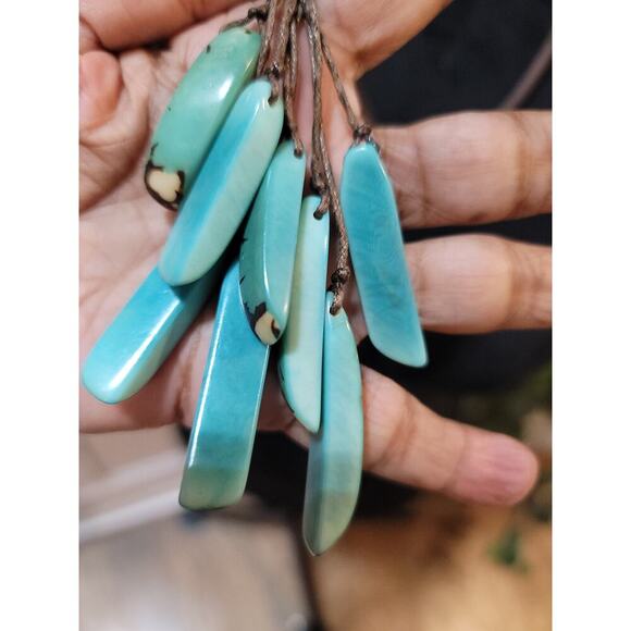 Women's Long Suede Necklace With Turquoise Stone Drops And Bead Slide Lock - Picture 4 of 5